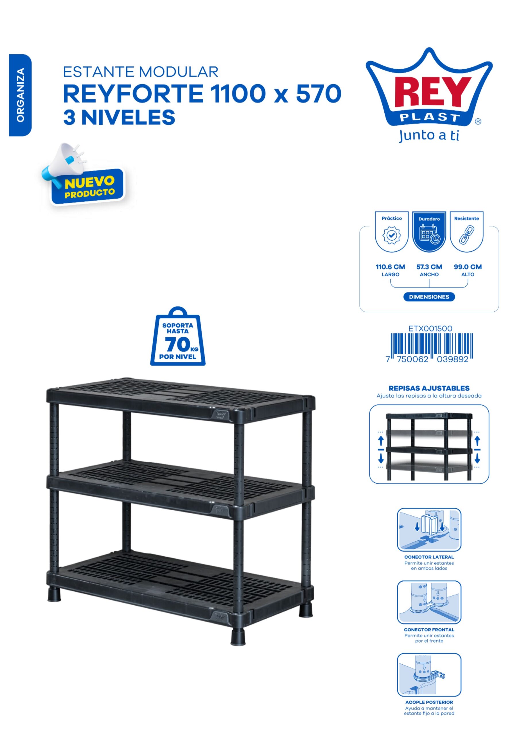 ESTANTE MODULAR REYFORTE 1100 X 570 - 3 NIVELES - Imagen 2