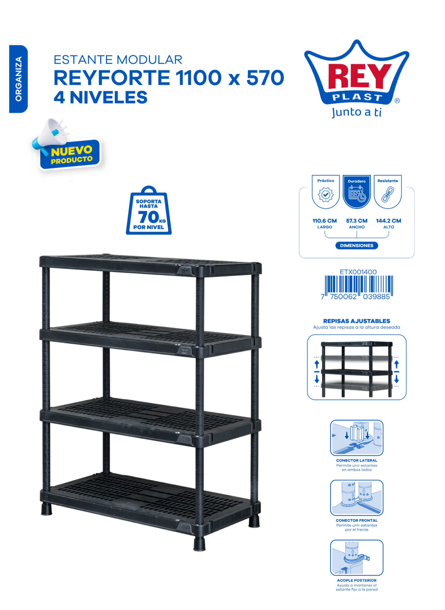 ESTANTE MODULAR REYFORTE 1100 X 570 - 4 NIVELES - Imagen 2