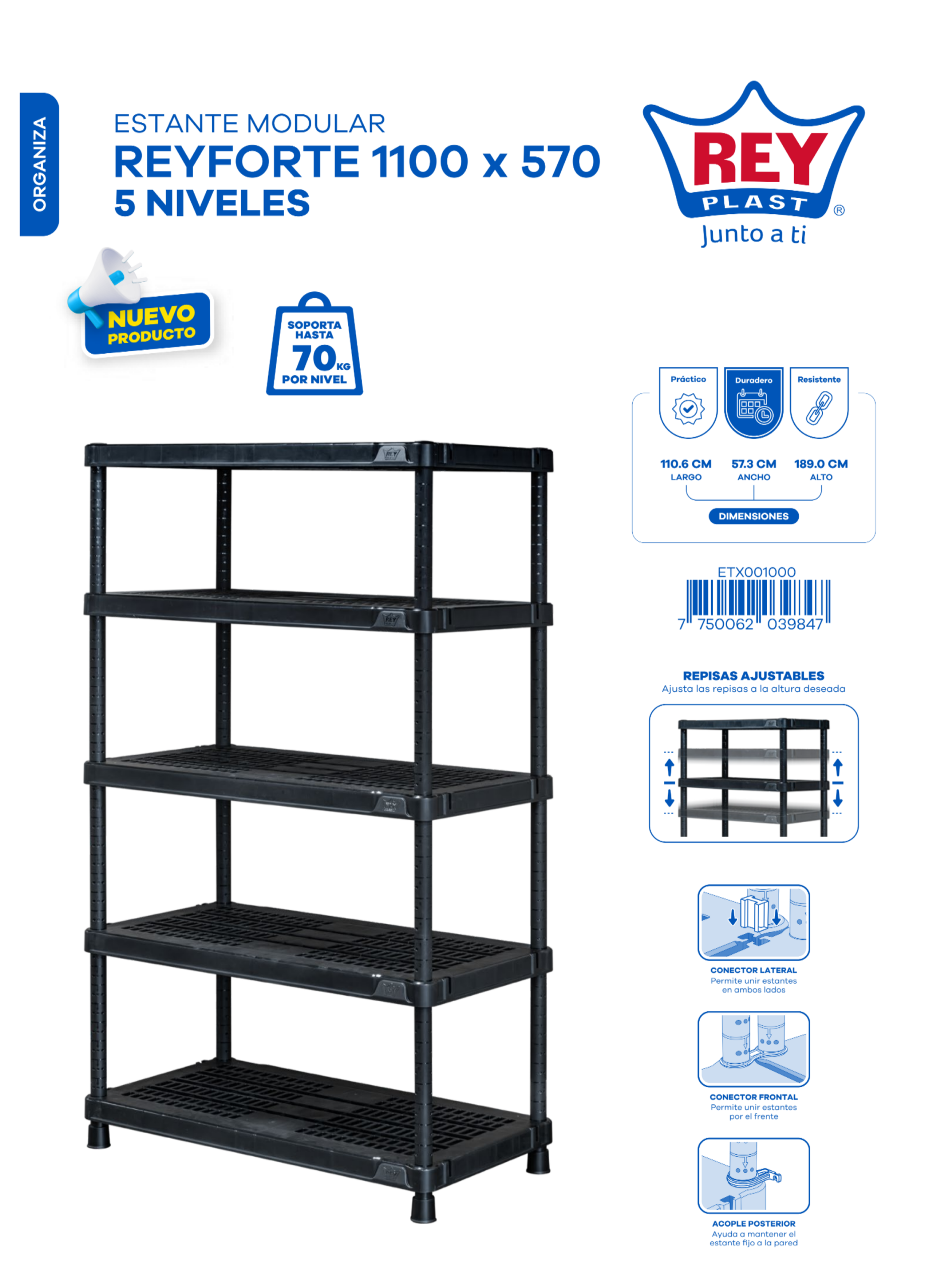 ESTANTE MODULAR REYFORTE 1100 X 570 - 5 NIVELES - Imagen 2