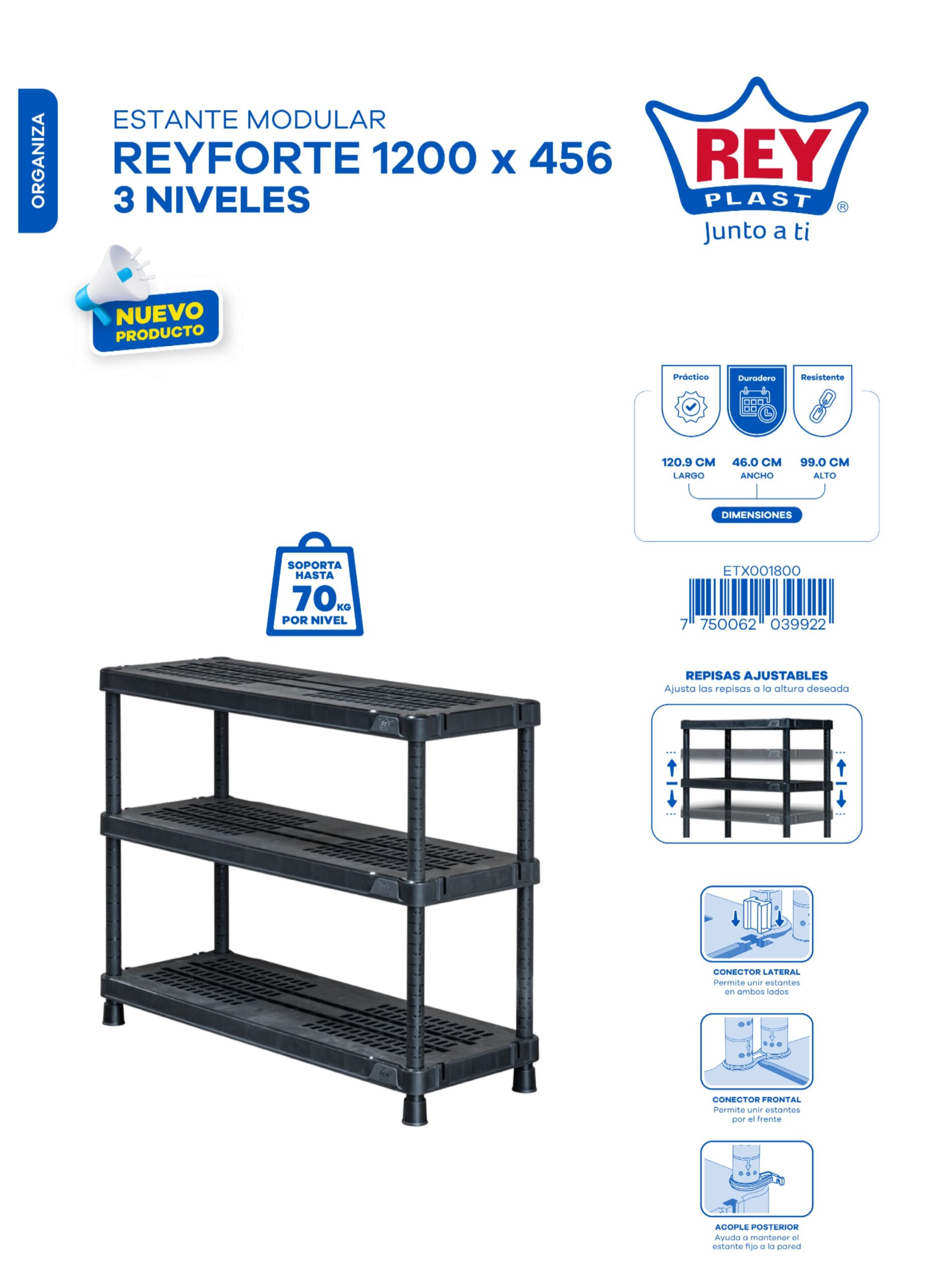 ESTANTE MODULAR REYFORTE 1200 X 456 - 3 NIVELES - Imagen 2