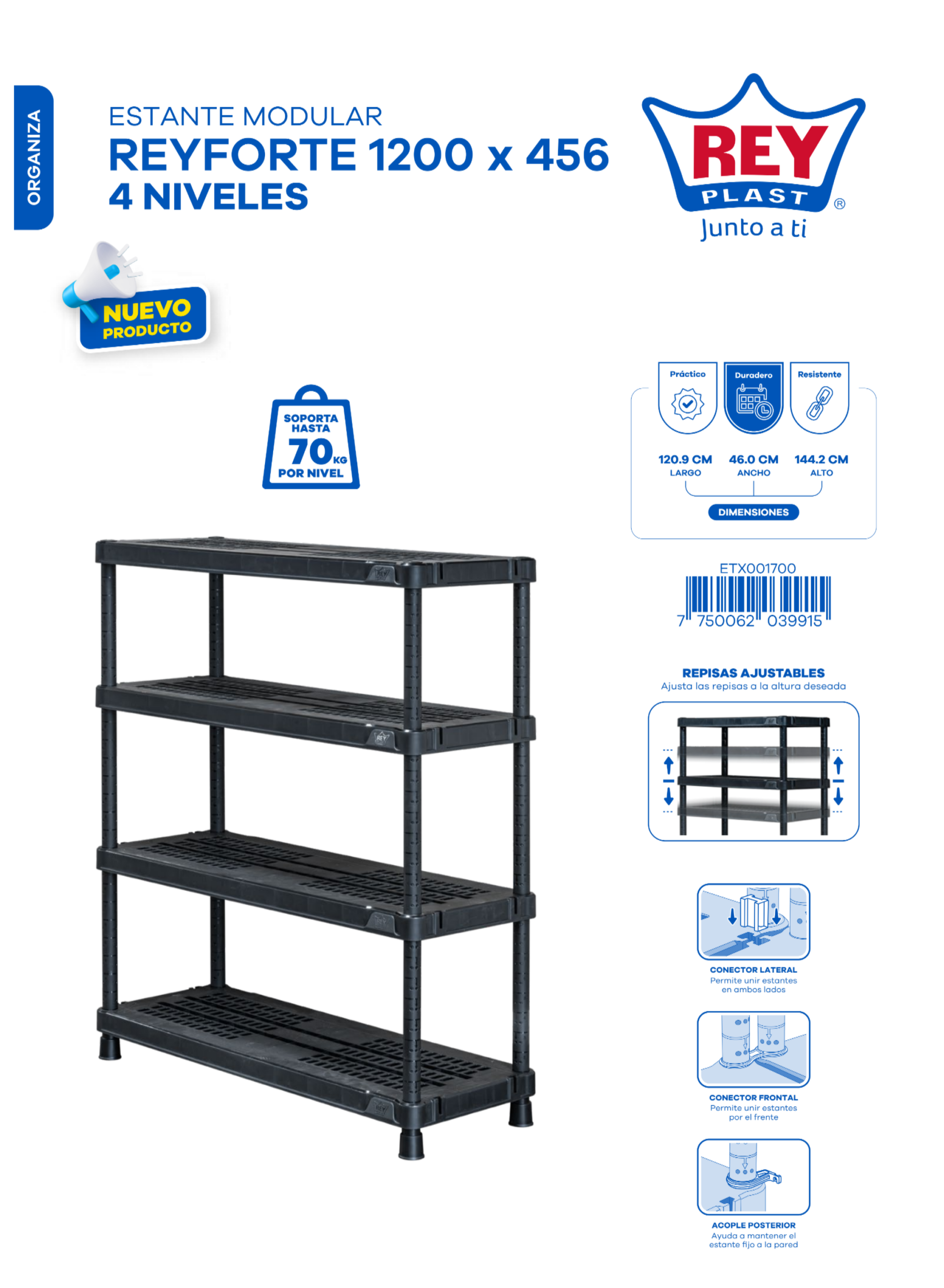 ESTANTE MODULAR REYFORTE 1200 X 456 - 4 NIVELES - Imagen 2