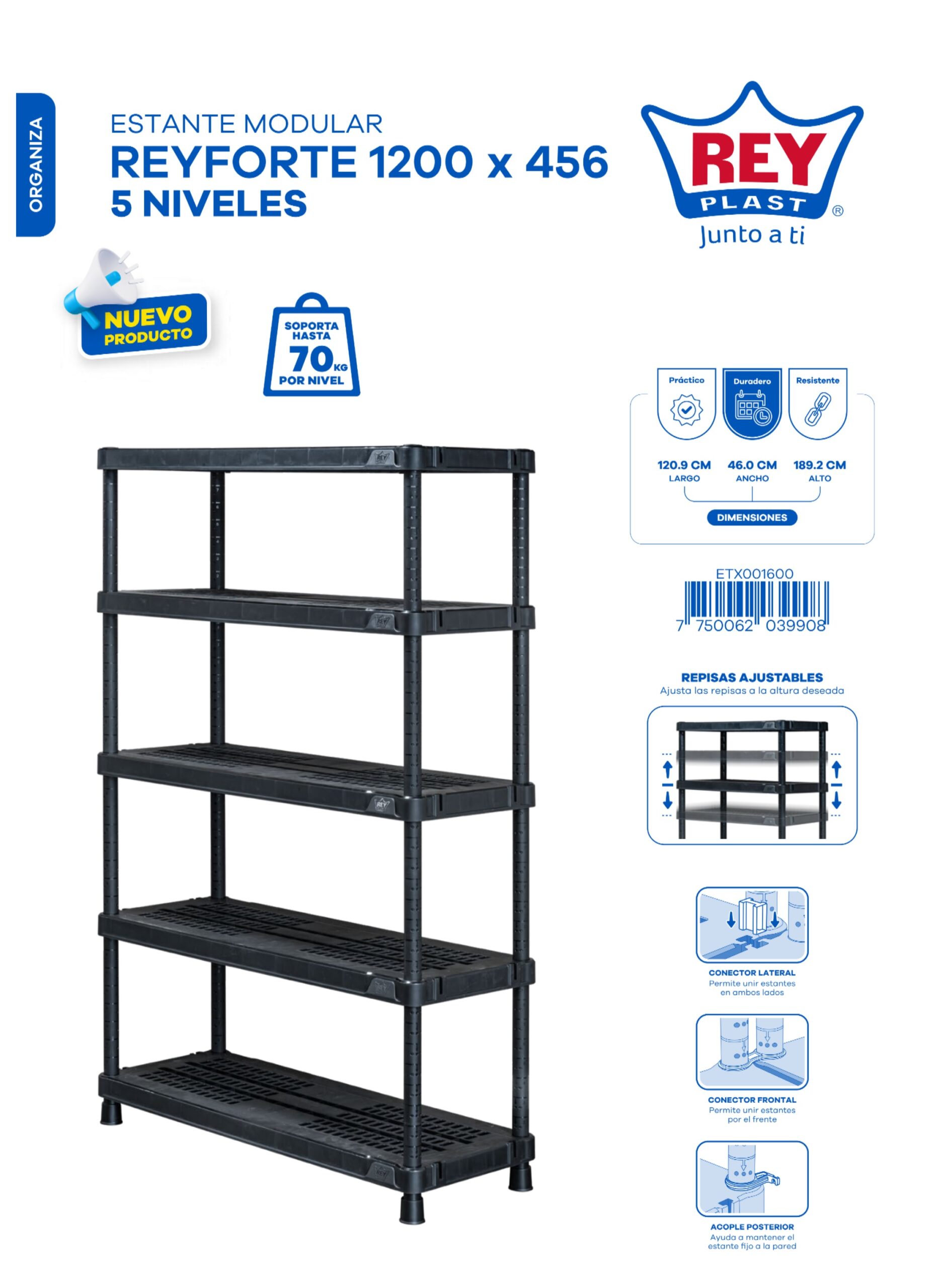 ESTANTE MODULAR REYFORTE 1200 X 456 - 5 NIVELES - Imagen 2