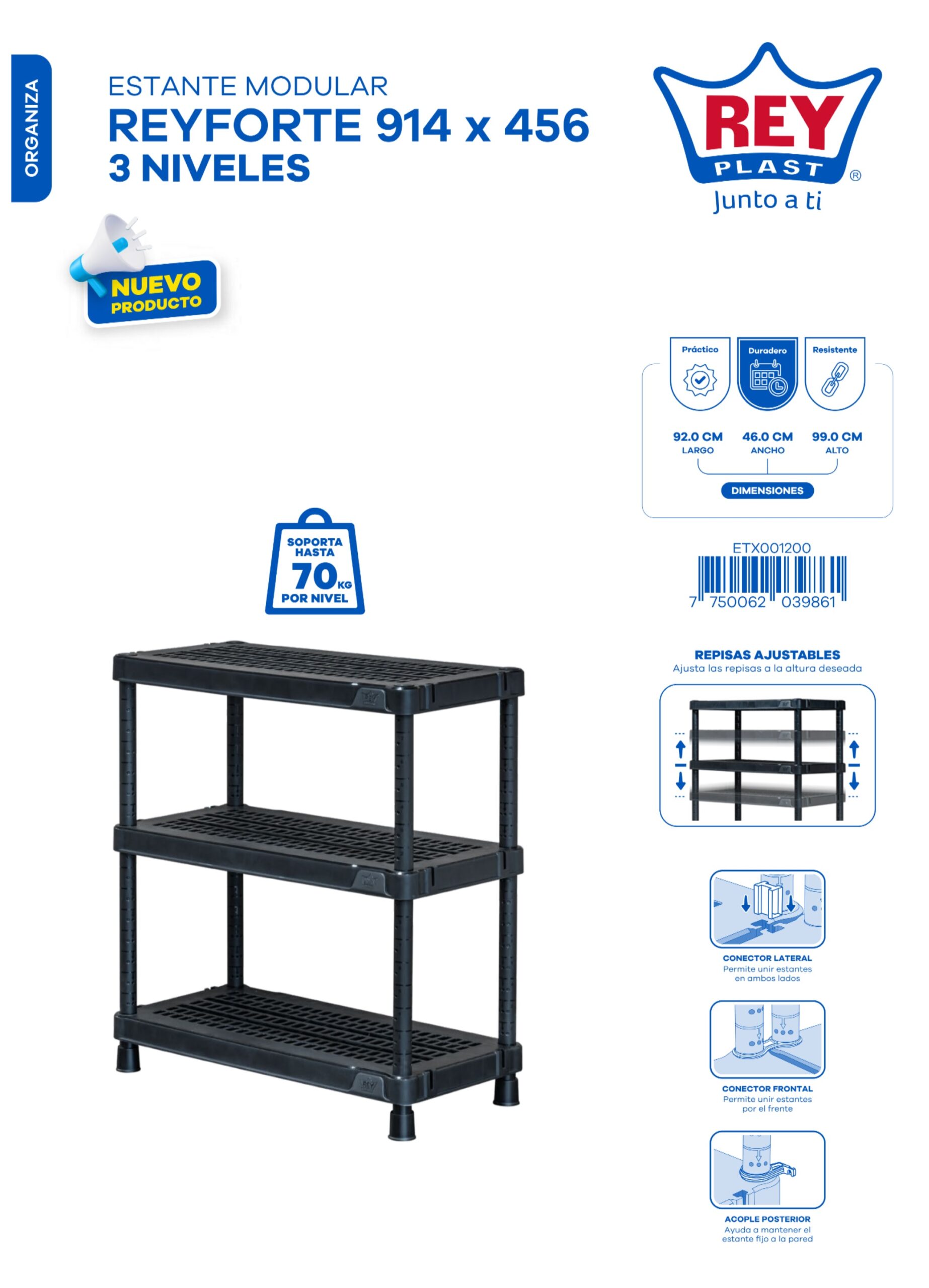 ESTANTE MODULAR REYFORTE 914 X 456 - 3 NIVELES - Imagen 2